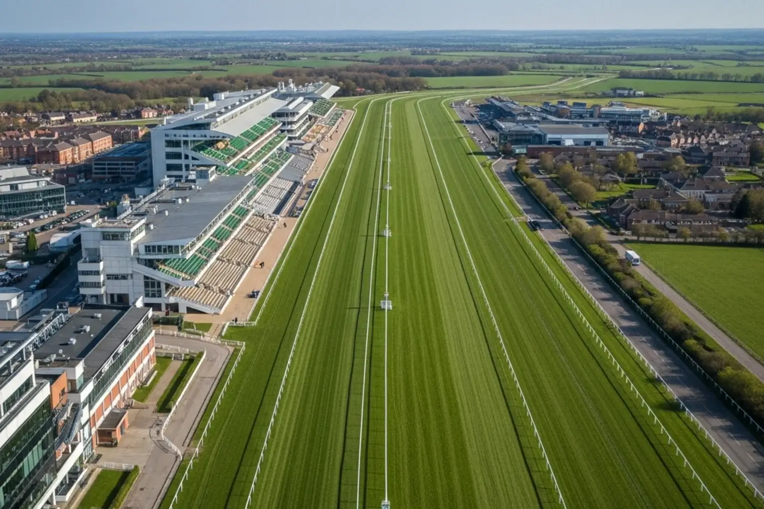 Doncaster straight mile racecourse aerial view showing Town Moor