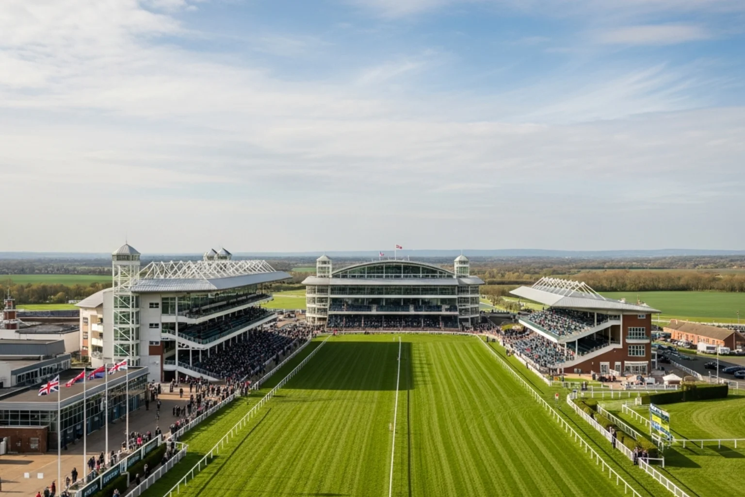 Panoramic view of Doncaster Racecourse grandstand and straight mile