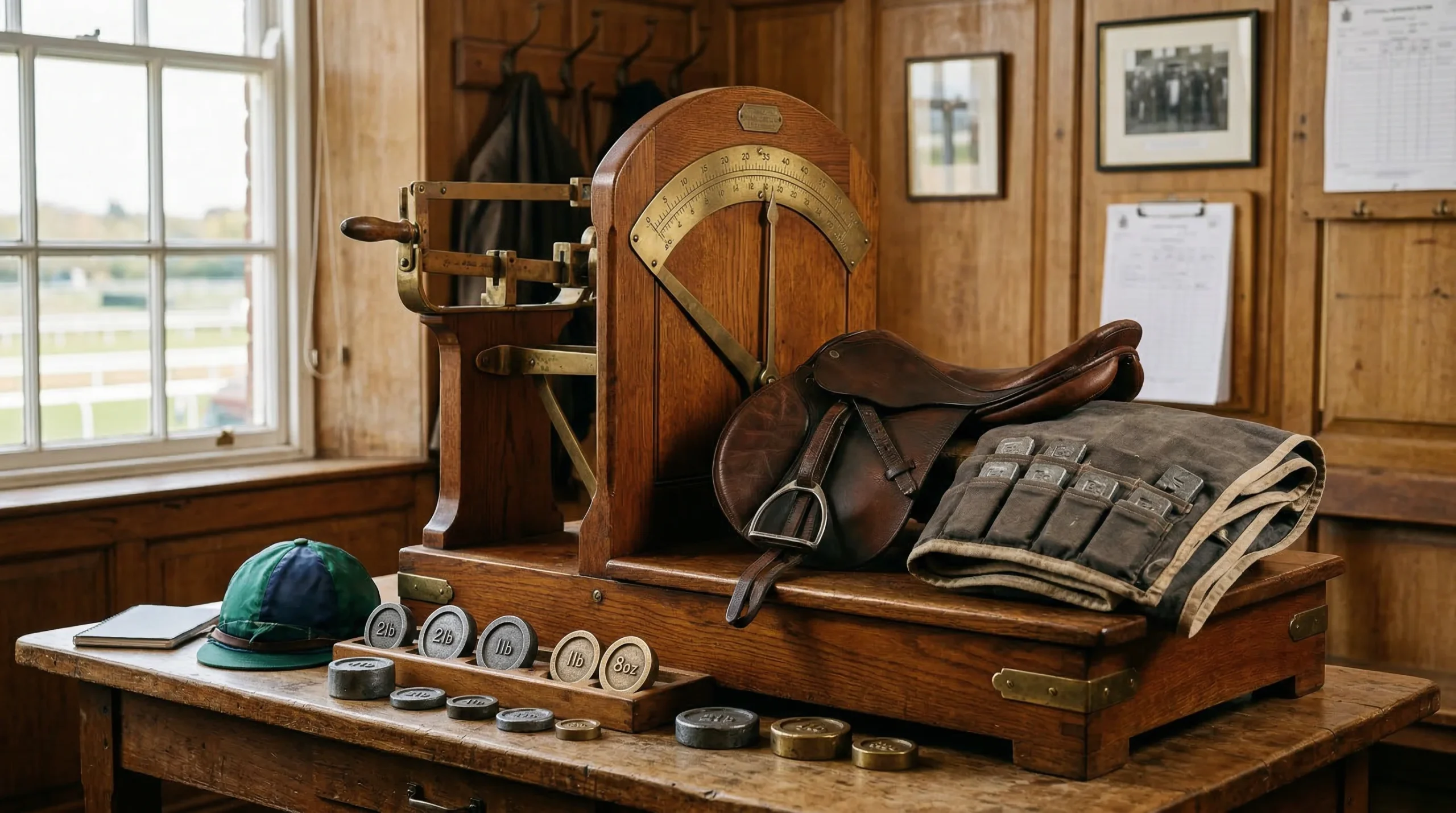 Weighing room scales with jockey saddle and weight cloth