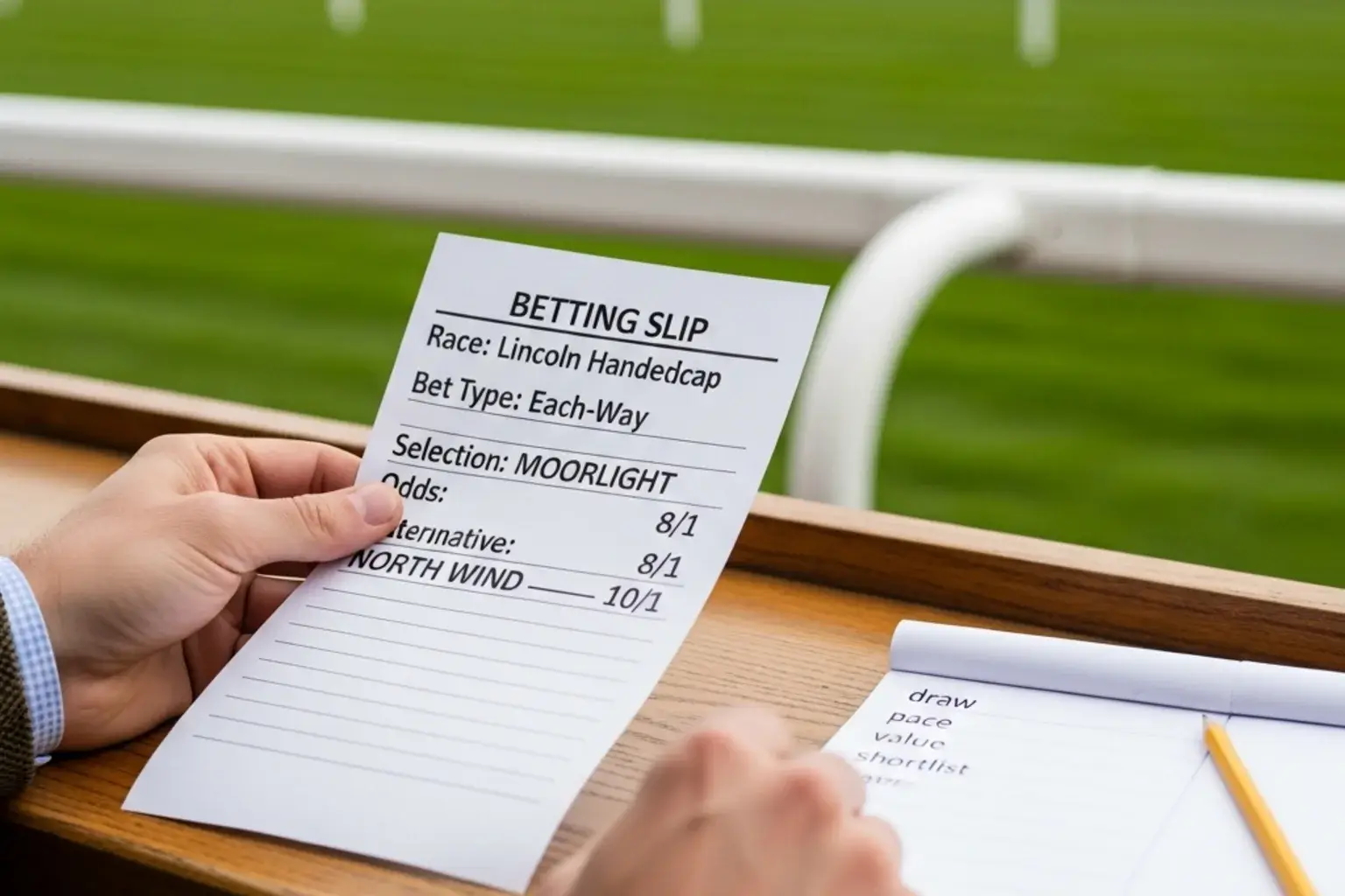 Punter reviewing each-way betting slip for Lincoln Handicap selections