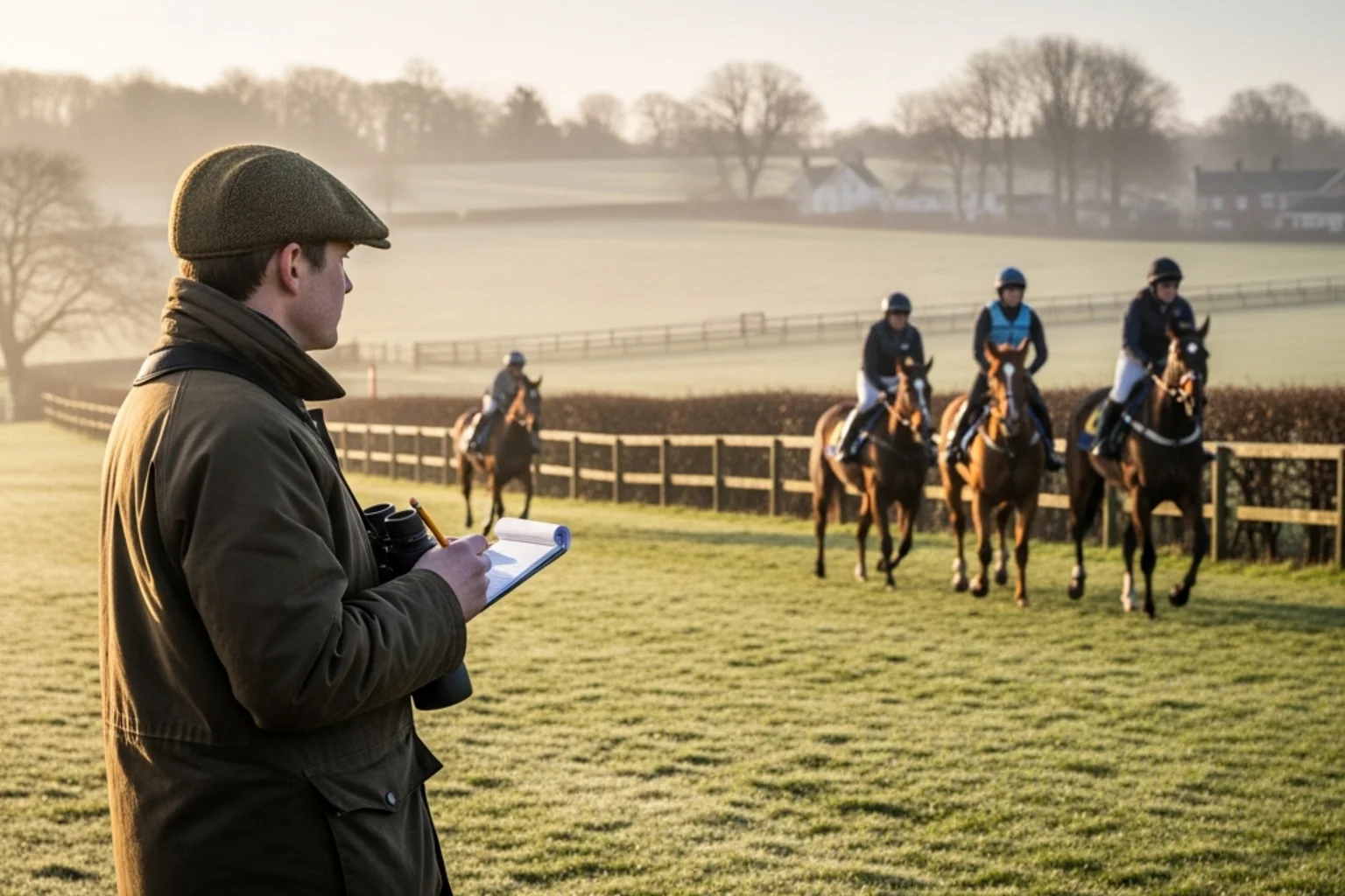 Trainer watching horses work on gallops during winter preparation