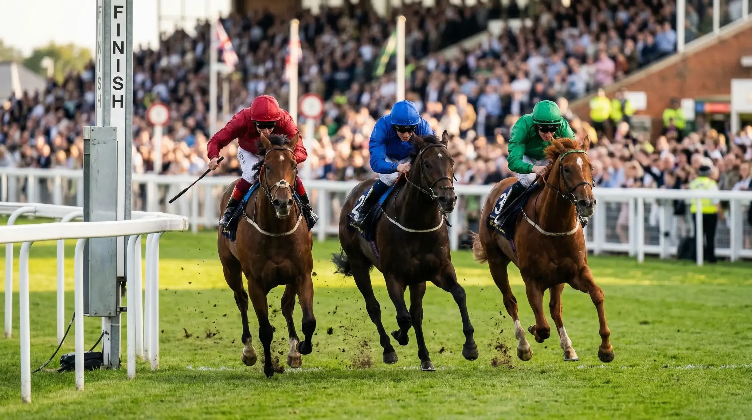 Horse racing finish line with close placing at Doncaster racecourse