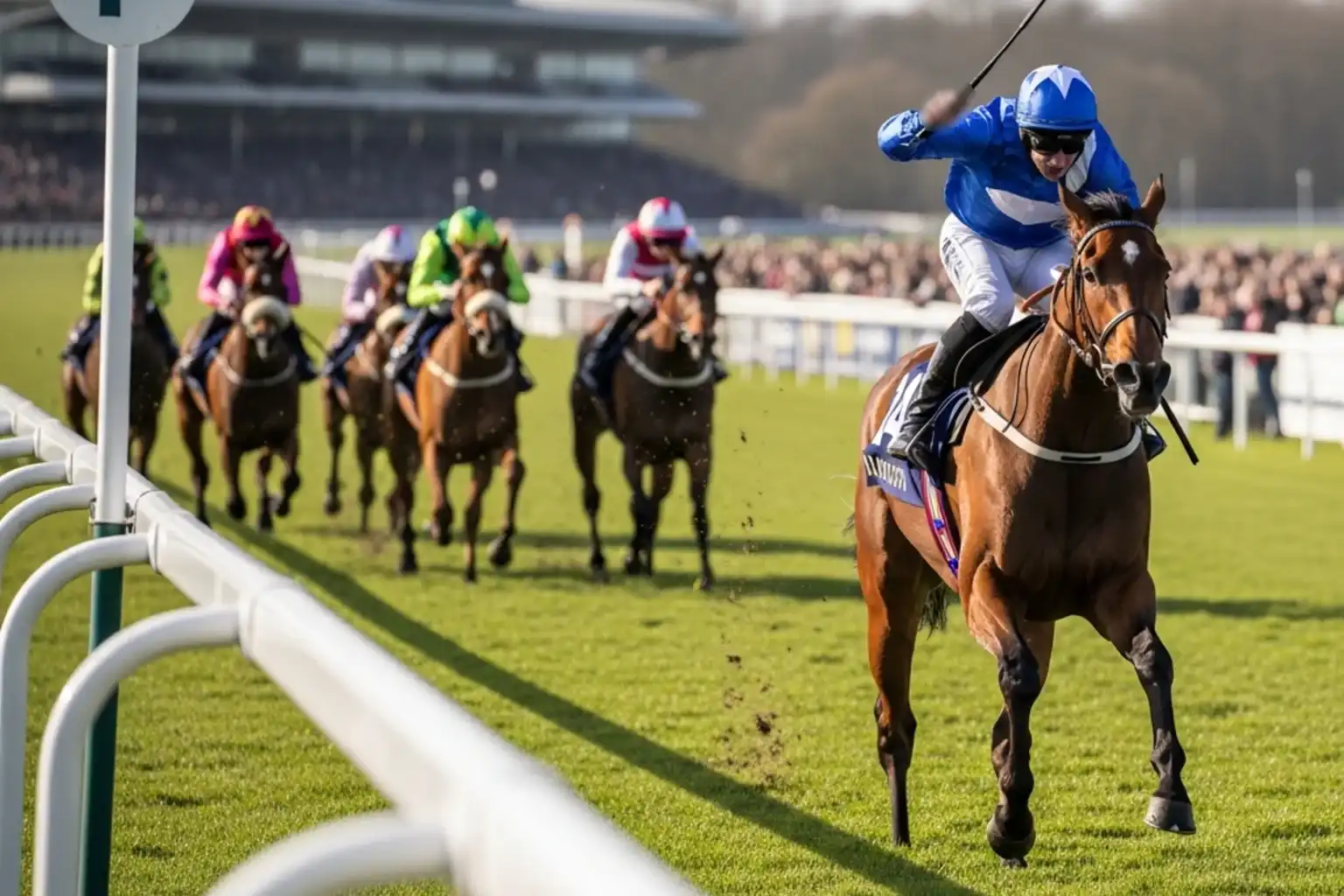 Outsider horse crossing finish line ahead of favourites at Doncaster