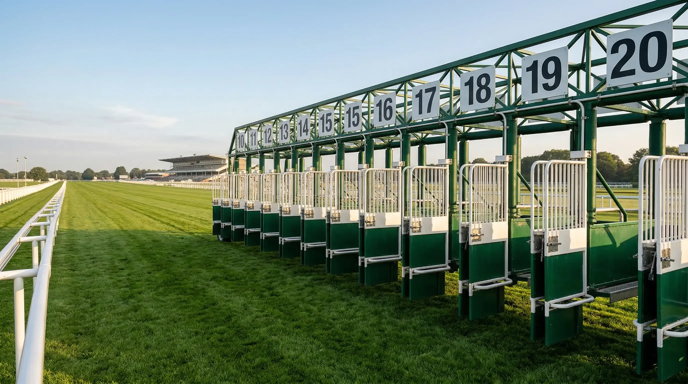 Horse racing starting stalls showing high-numbered draw positions at Doncaster
