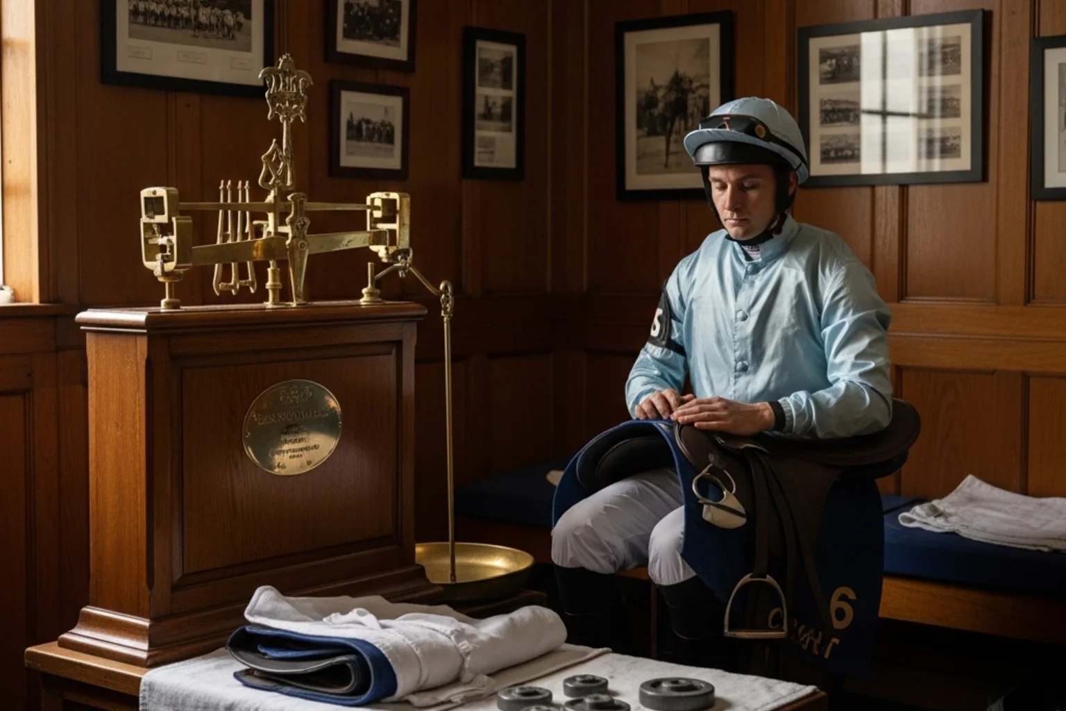 Jockey weighing saddle before Lincoln Handicap race at Doncaster
