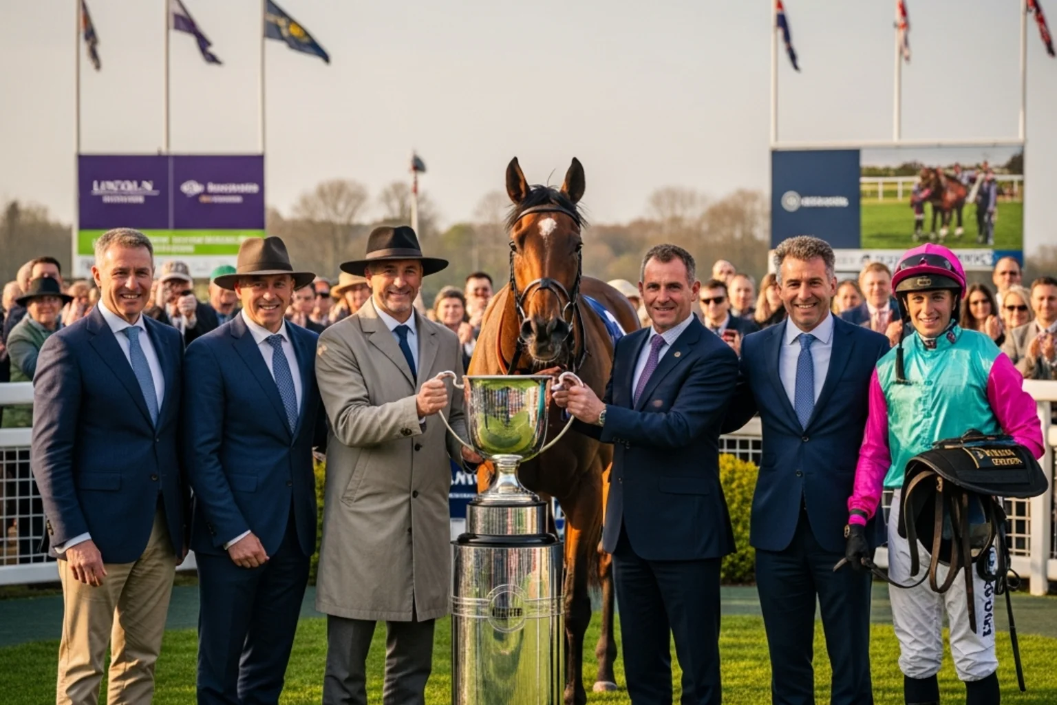 Trophy presentation at Lincoln Handicap with winning connections